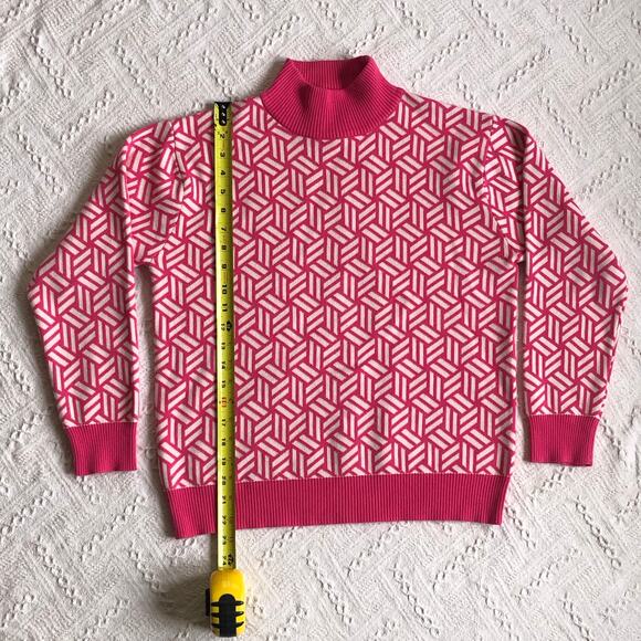 Cherie Collette Pink Geometric Knit Sweater Medium Mock Neck Barbiecore Coquette - Picture 4 of 7